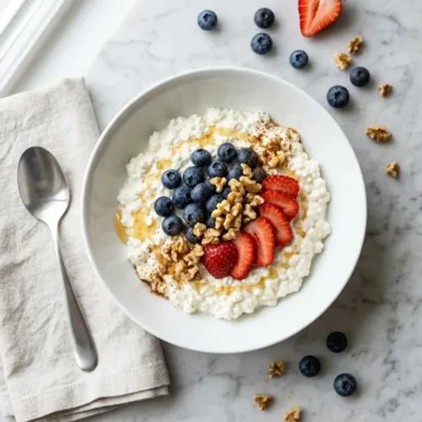 Cottage cheese breakfast bowl topped with blueberries, strawberries, walnuts and a drizzle of honey