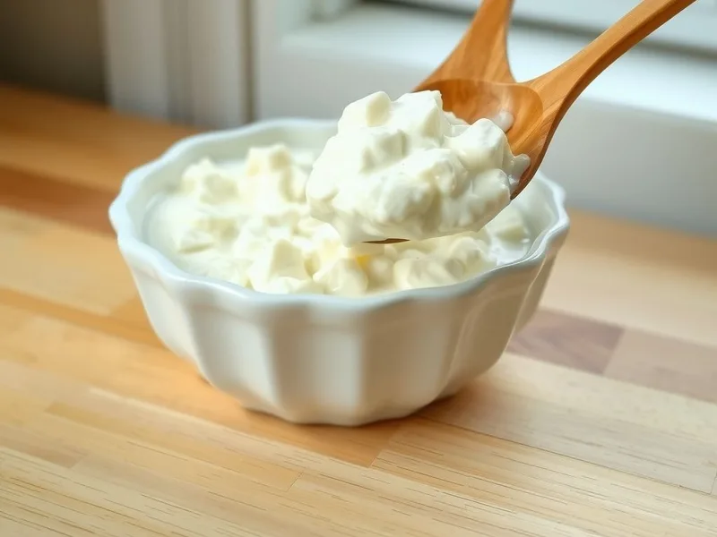 A white bowl of creamy cottage cheese curds with a wooden spoon lifting a spoonful