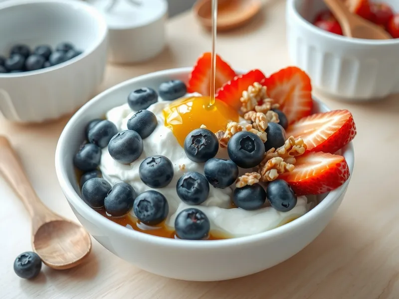 A bowl of cottage cheese topped with blueberries, sliced strawberries, walnuts and a drizzle of honey