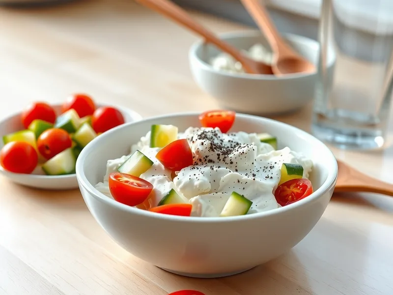 A bowl of cottage cheese topped with diced cucumber, halved cherry tomatoes and black pepper