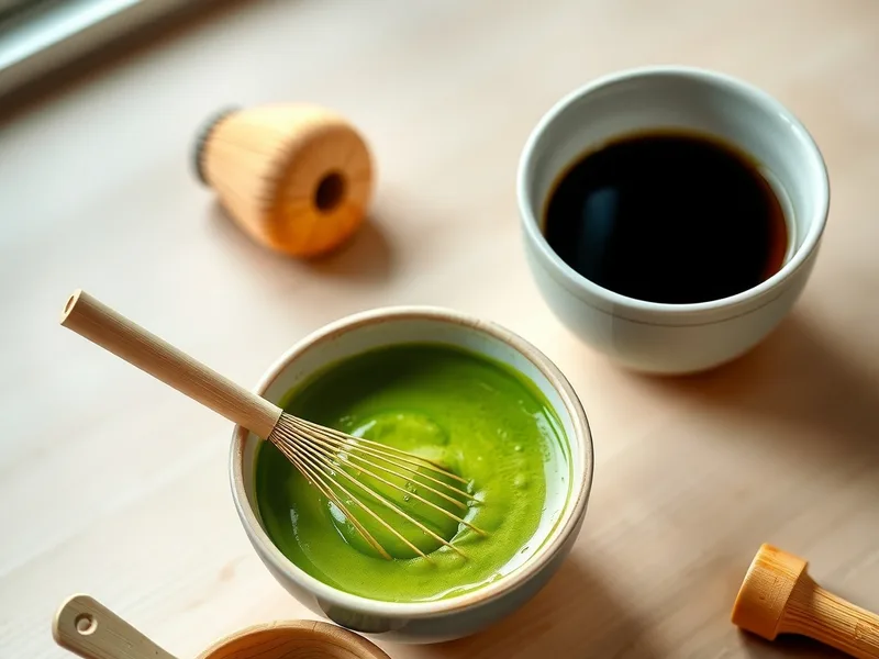 A bowl of whisked matcha, a bowl of matcha powder with a bamboo scoop, and a cup of black coffee on a light wooden table