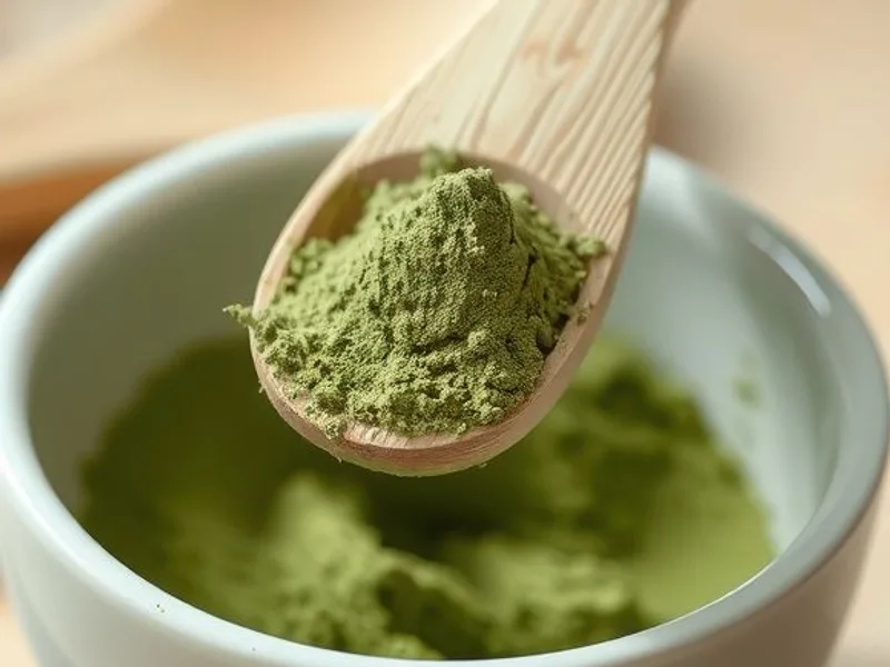 A wooden bamboo scoop holding matcha powder over a small white bowl