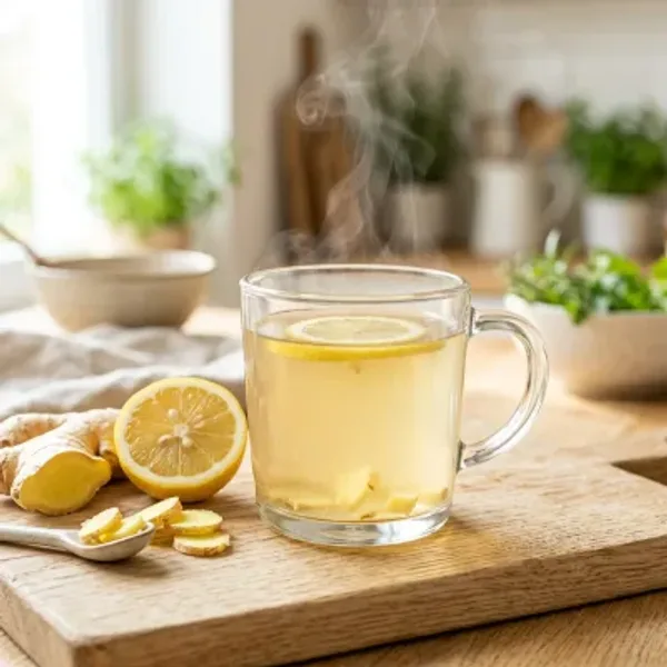 A clear glass mug of ginger water with lemon slices and fresh ginger on a wooden board