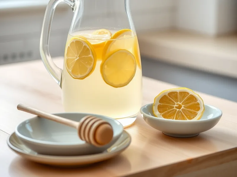 A clear glass jug of pale golden ginger water with lemon slices, a halved lemon and a wooden honey dipper beside it