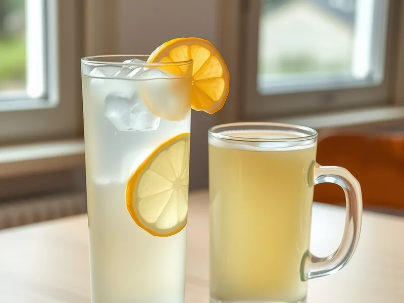 A tall glass of iced ginger water with a lemon slice beside a clear glass mug of warm ginger water