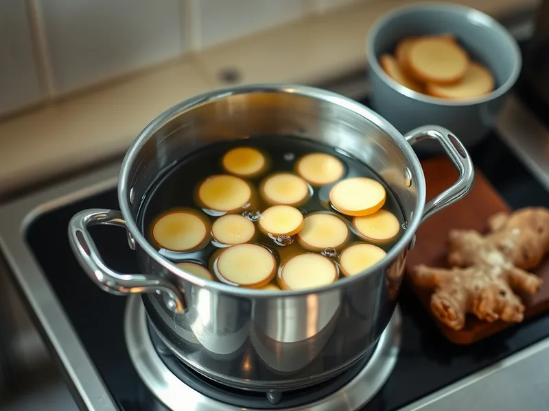 Thin ginger slices simmering in a stainless steel pot with a piece of ginger root on a board beside it