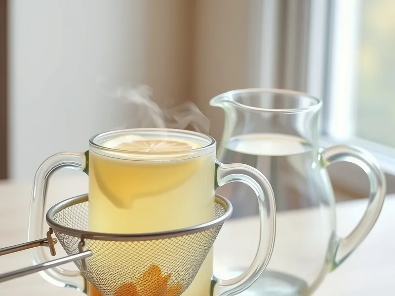 A glass mug of pale golden ginger water with a lemon slice, a fine strainer and a glass jug beside it