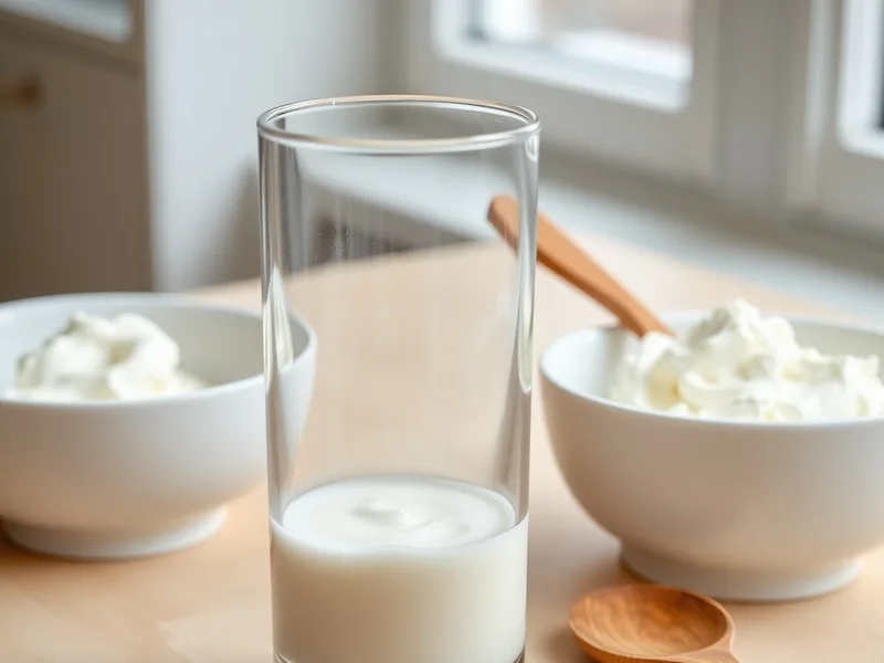 A tall clear glass with a first layer of thick Greek yogurt and a white bowl of yogurt with a wooden spoon beside it