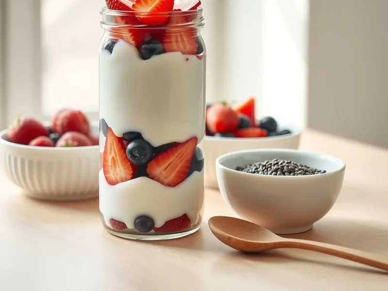 A glass jar with layers of Greek yogurt, strawberries and blueberries, and a small bowl of chia seeds beside it