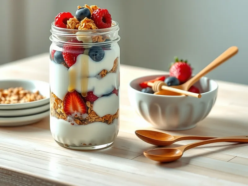 A finished layered Greek yogurt parfait topped with granola, berries and honey, with a bowl of granola beside it