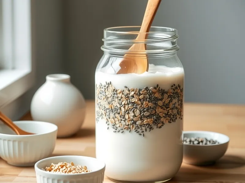 Oats, chia seeds, Greek yogurt and milk being stirred in a clear glass jar with a wooden spoon