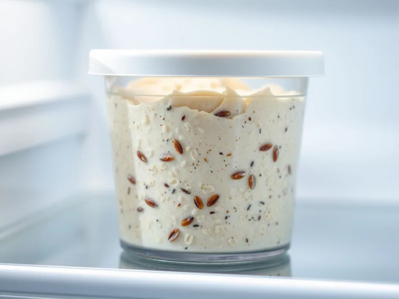 A covered glass container of thick creamy overnight oats on a refrigerator shelf