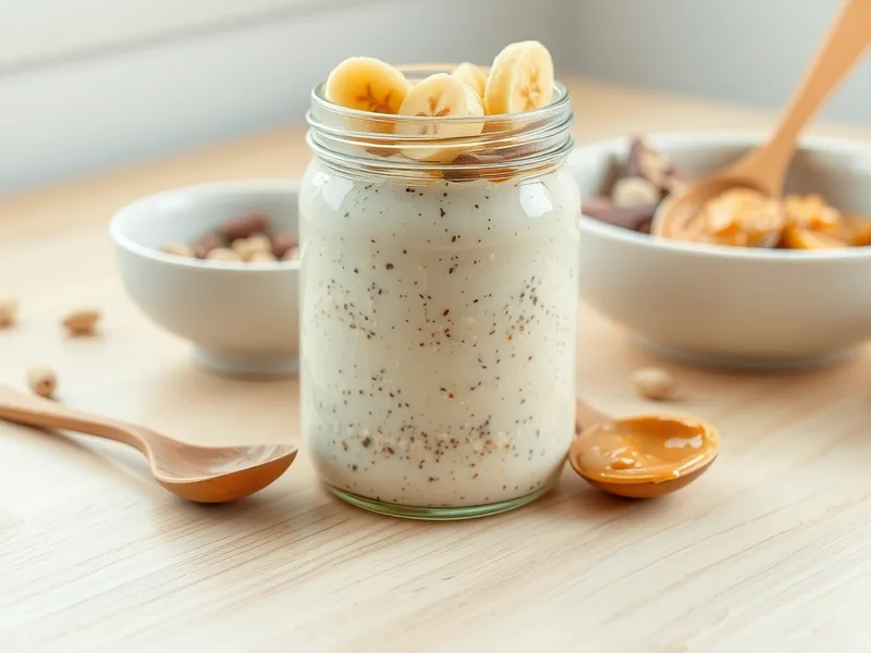 A glass jar of creamy overnight oats topped with sliced banana, with a spoon of peanut butter beside it