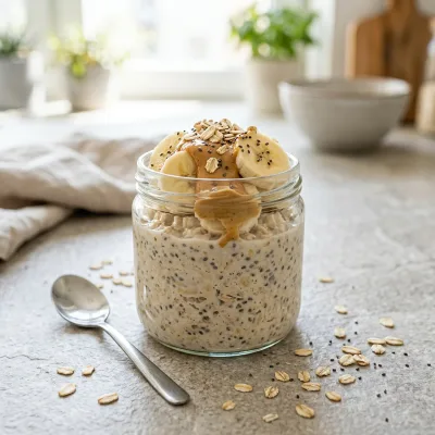 A glass jar of creamy overnight oats topped with sliced banana and a spoonful of peanut butter