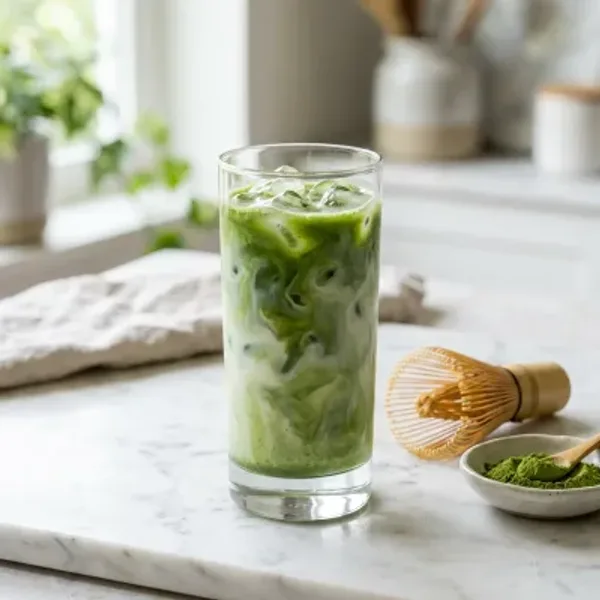A glass of iced matcha latte with swirls of green matcha and milk next to a small bamboo whisk