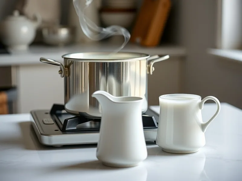 A stainless steel pot of steaming milk on a stovetop with two small white pitchers beside it