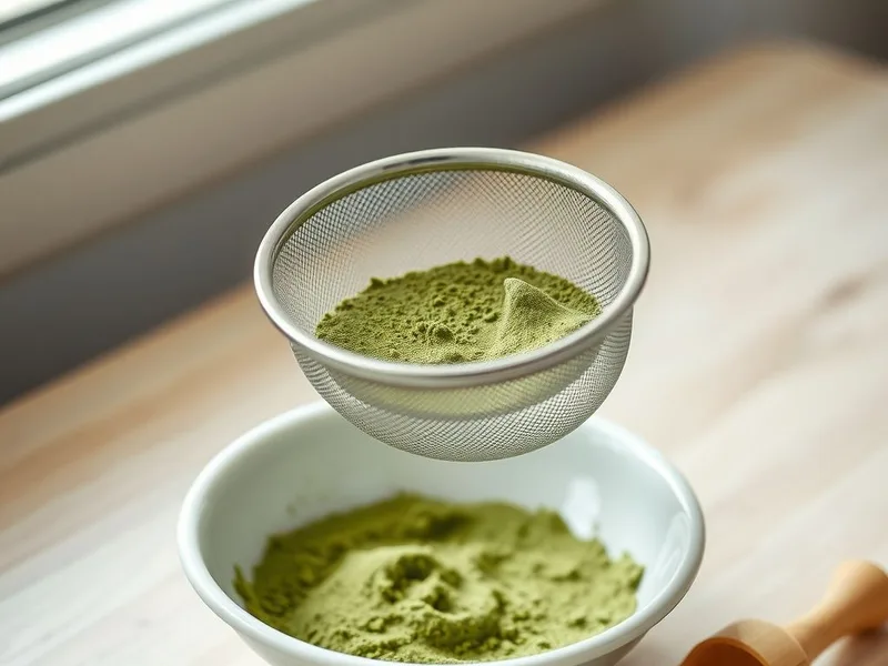 Matcha powder in a fine mesh sieve over a white bowl, with a bamboo scoop beside it