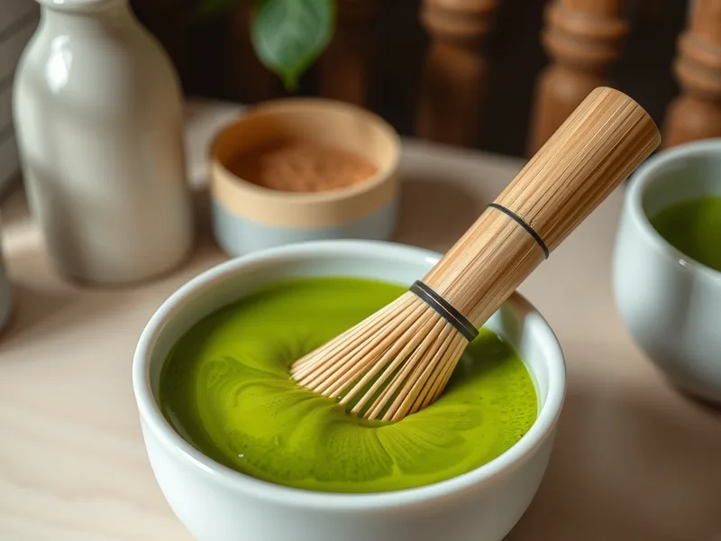 A bamboo whisk resting in a white bowl of smooth, frothy green matcha