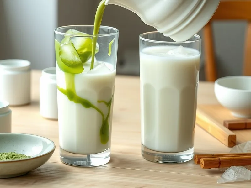 Green matcha being poured into a tall glass of milk over ice, with green swirls in the milk
