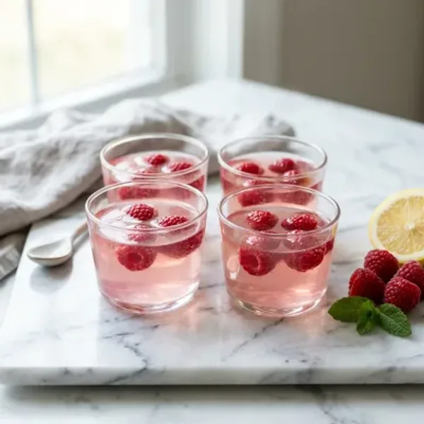 Four small glass cups of pale pink gelatin with whole raspberries set inside