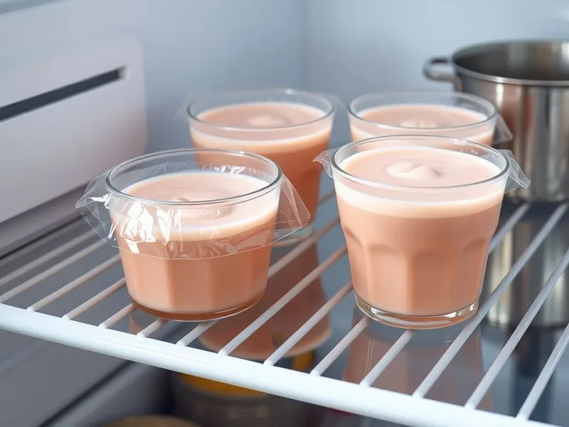 Four small glass cups of pale pink gelatin covered with plastic wrap on a refrigerator shelf