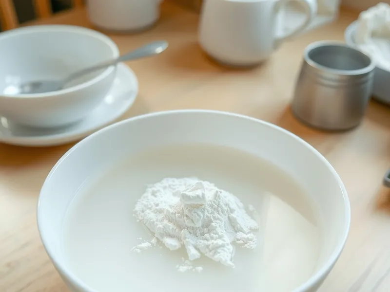 Unflavored gelatin powder sprinkled over cold water in a white bowl