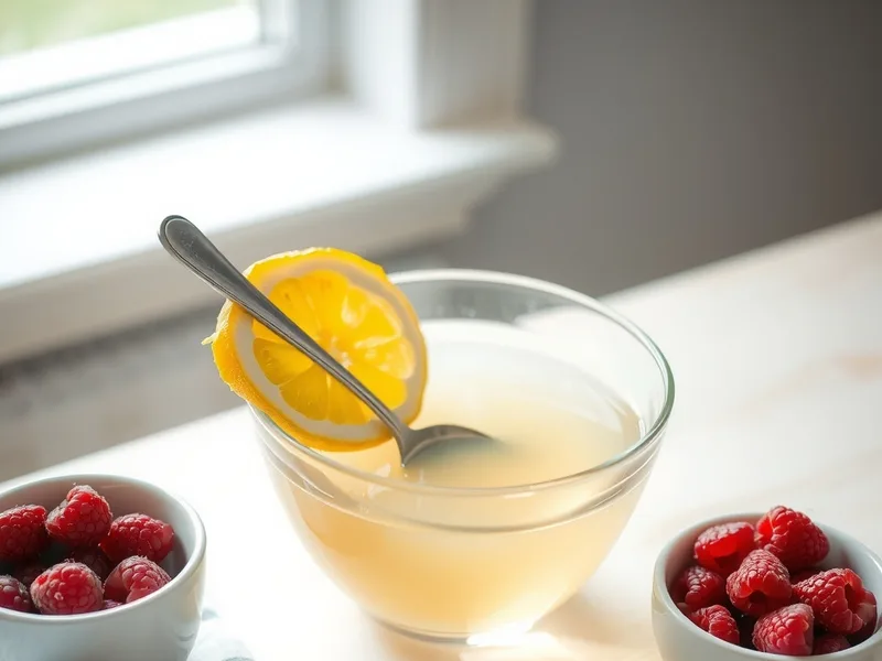 A glass bowl of clear lemony liquid being stirred, with a lemon slice and two small bowls of raspberries beside it
