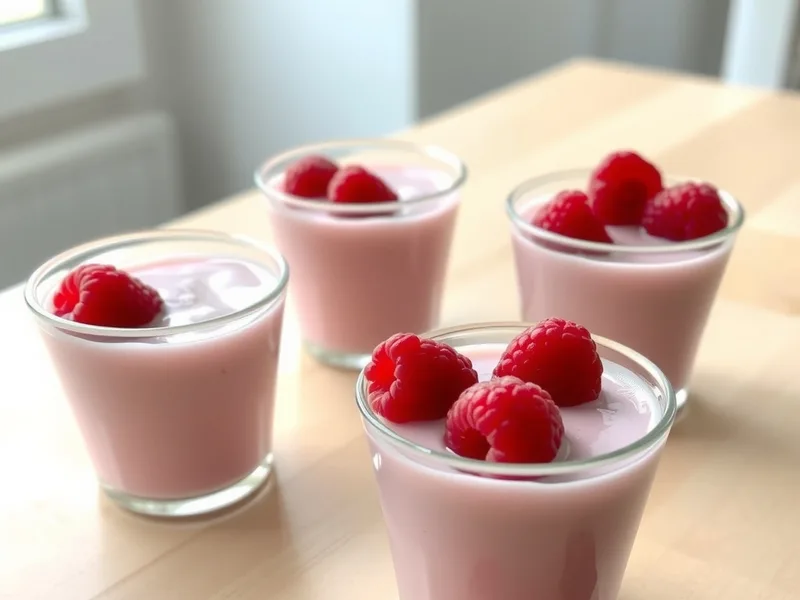 Four small glass cups of pale pink gelatin mixture topped with fresh raspberries, ready to chill