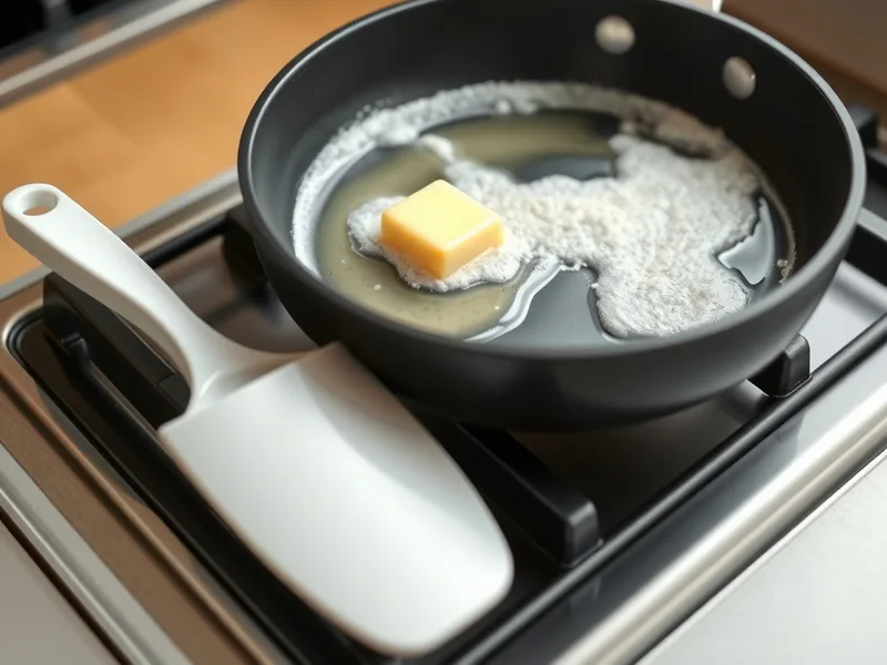 A nonstick skillet on a stovetop with a piece of butter melting and foaming in the pan
