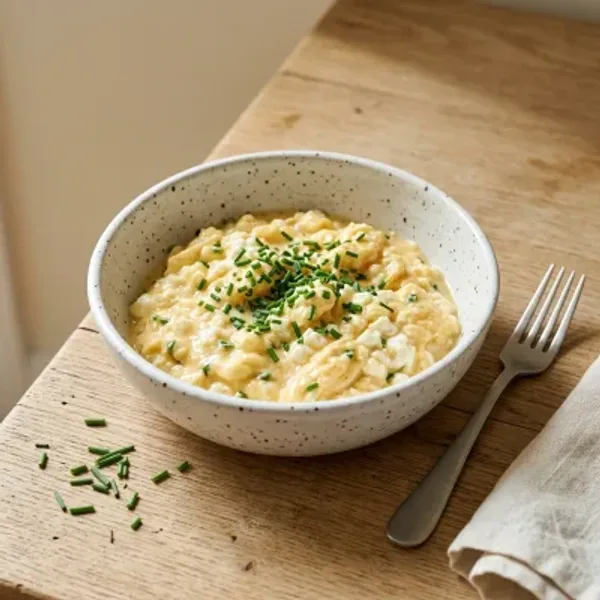 Creamy scrambled eggs with cottage cheese in a white bowl, sprinkled with fresh chives