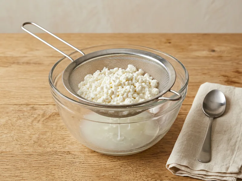 Small curd cottage cheese draining in a fine mesh strainer over a glass bowl, with milky liquid dripping below