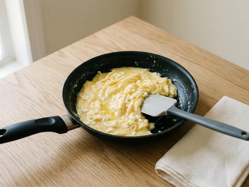 Soft folded scrambled eggs with cottage cheese curds in a nonstick skillet with a rubber spatula