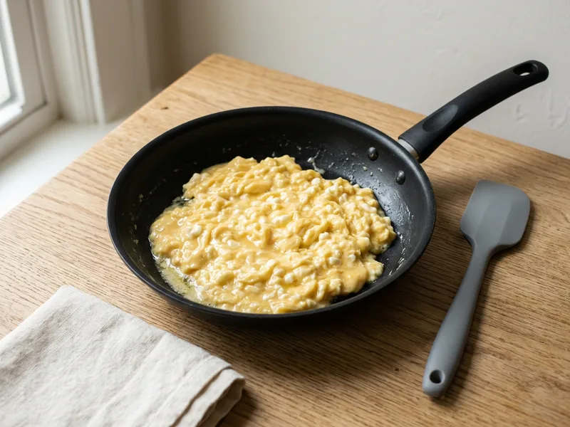 Scrambled eggs with cottage cheese in a nonstick skillet next to a spatula, ready to serve