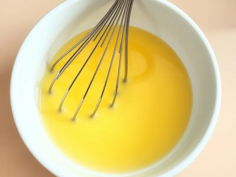 A white bowl of whisked beaten eggs with a wire whisk resting in it
