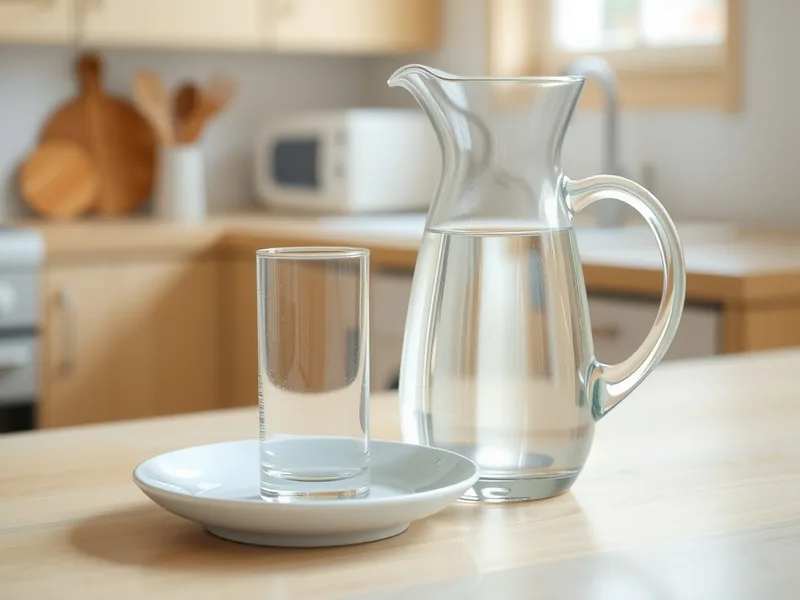 An empty tall glass beside a glass pitcher of water on a kitchen counter