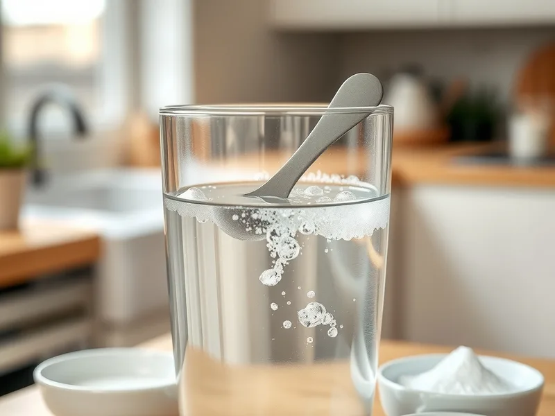 A measuring spoon on a glass of water with fine bubbles and a small bowl of baking soda beside it