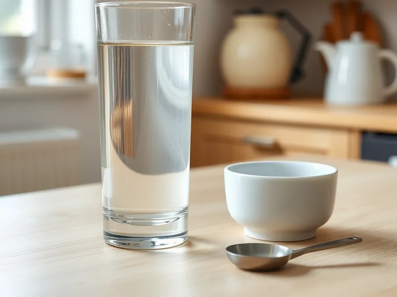 A tall clear glass of still water on a kitchen counter beside a small white bowl and a measuring spoon