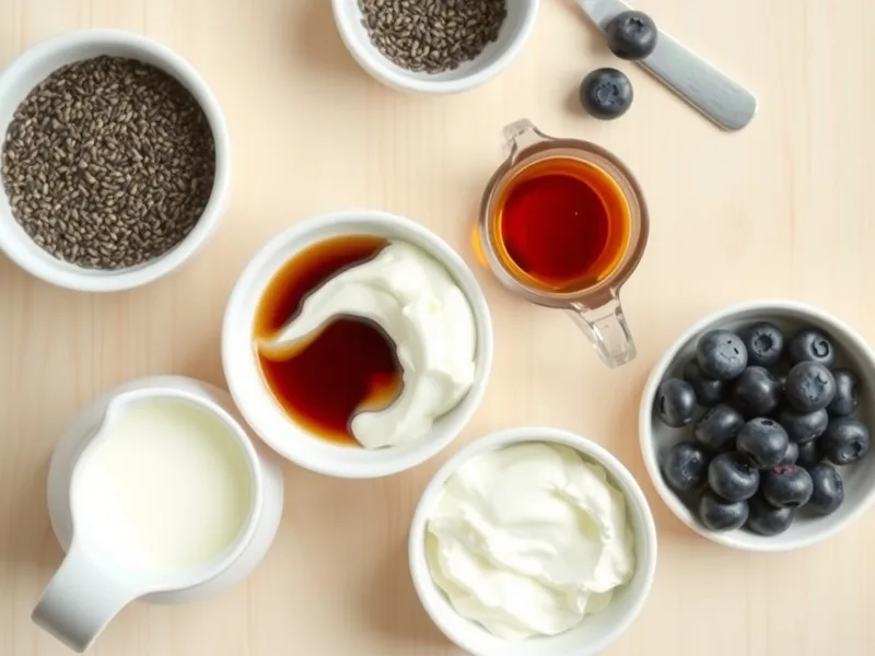 Small white bowls holding chia seeds, milk, Greek yogurt, maple syrup and fresh blueberries on a wooden counter
