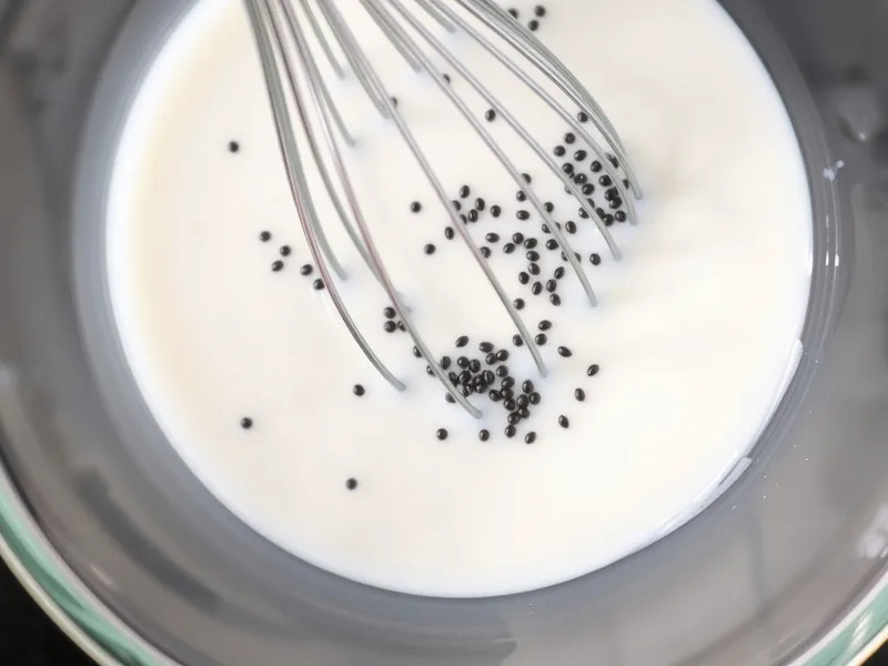 A clear glass bowl of white milk with black chia seeds being whisked, the mixture still liquid