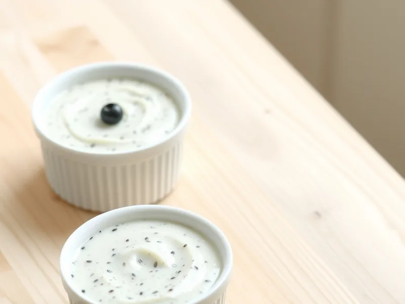 Two white ramekins of thick creamy chia pudding dotted with tiny black seeds, one topped with blueberries