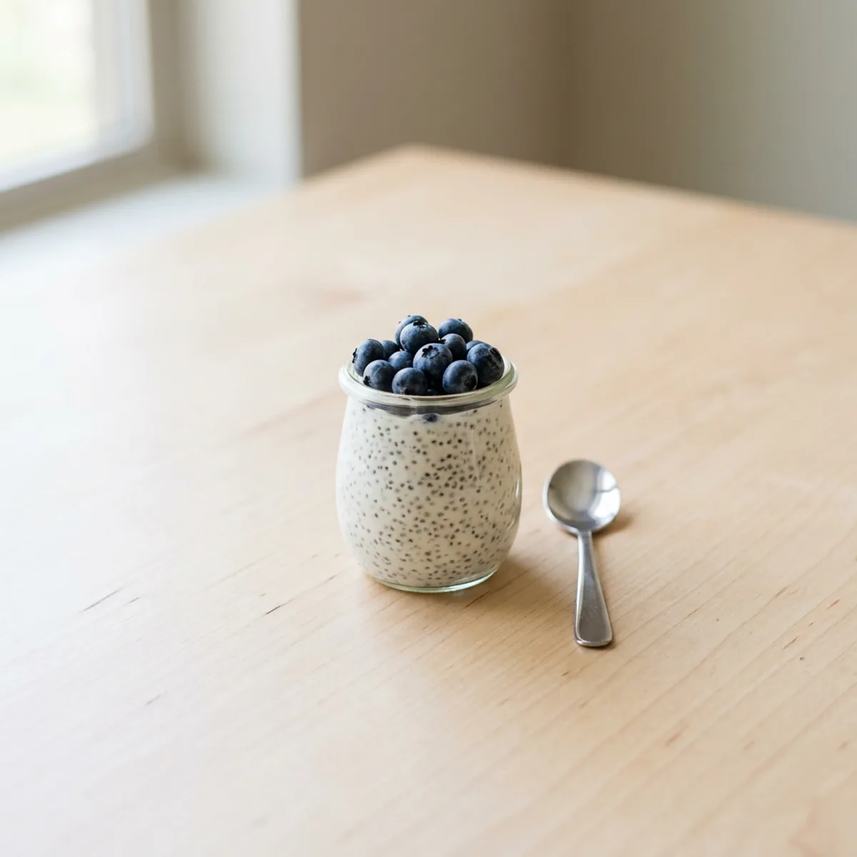 A clear glass jar of creamy chia seed pudding topped with fresh blueberries, with a spoon beside it