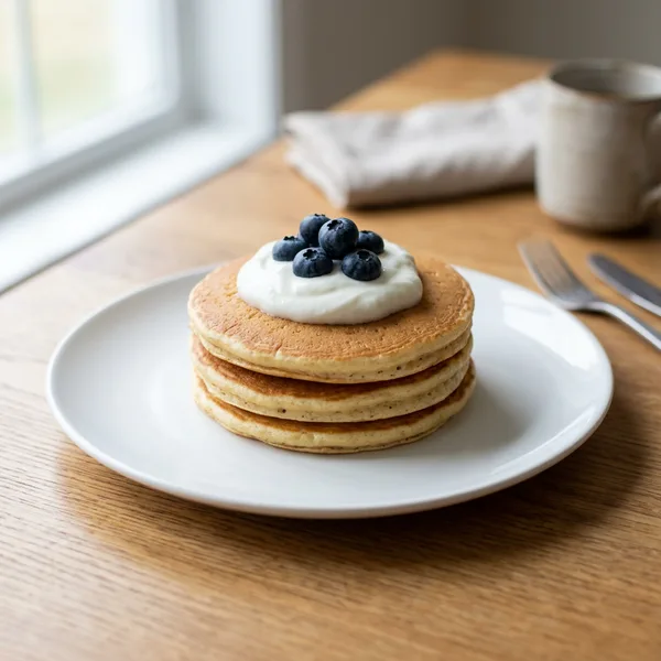 A stack of three golden pancakes on a white plate topped with Greek yogurt and fresh blueberries