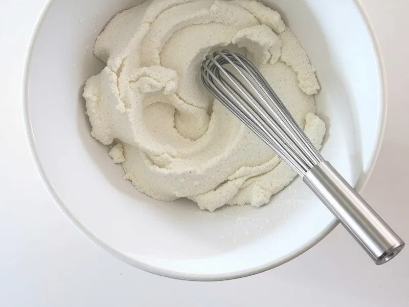 A white bowl of flour mixture with a metal whisk