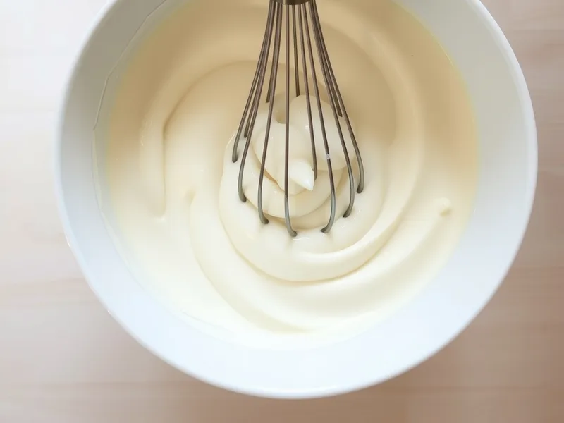 A white mixing bowl of thick creamy pancake batter with a metal whisk