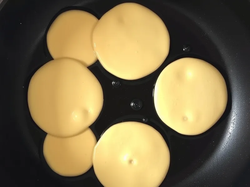 Rounds of pancake batter poured into a dark non-stick pan
