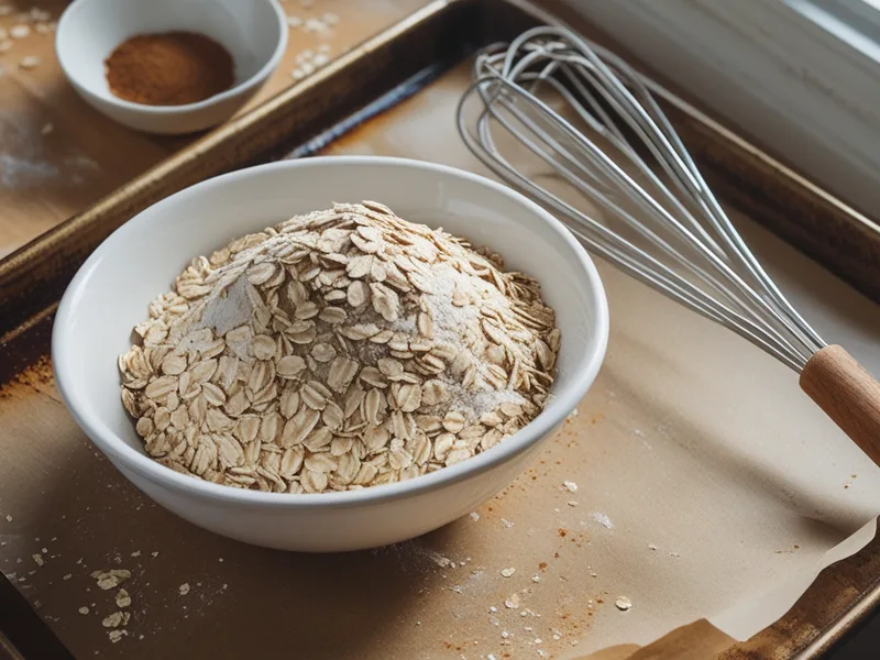 A bowl of rolled oats and flour with a whisk next to a lined baking sheet