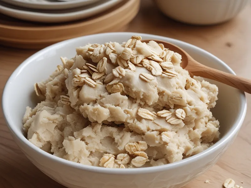 A white bowl of thick oatmeal cookie dough with a wooden spoon
