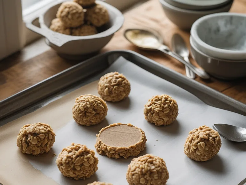 Rounded balls of oatmeal cookie dough on a parchment-lined baking sheet