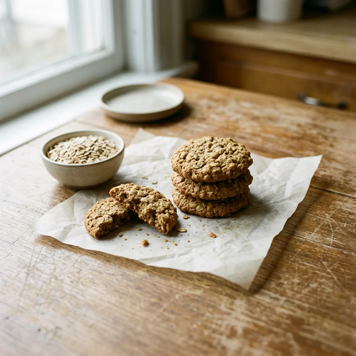 Golden oatmeal cookies on parchment paper with a small bowl of rolled oats beside them