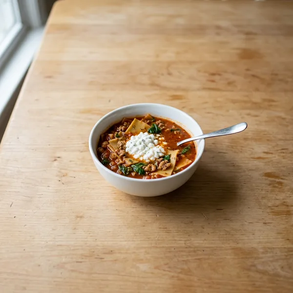 A white bowl of lasagna soup with tomato broth, noodle pieces, ground turkey, spinach and a spoonful of cottage cheese